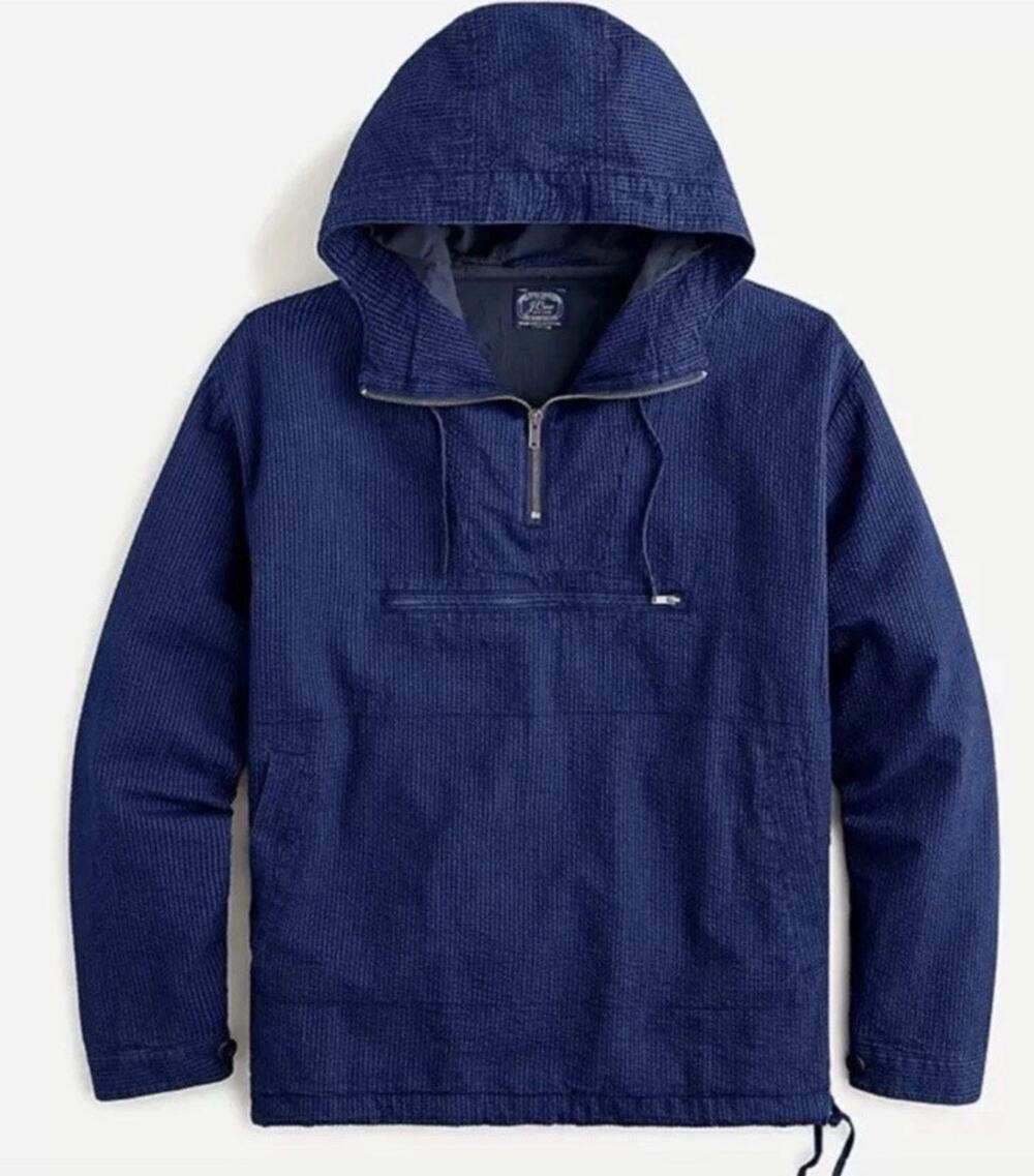 J Crew Indigo Dyed Seersucker Anorak Pullover Hooded Jacket 1/4 Zip Size XL